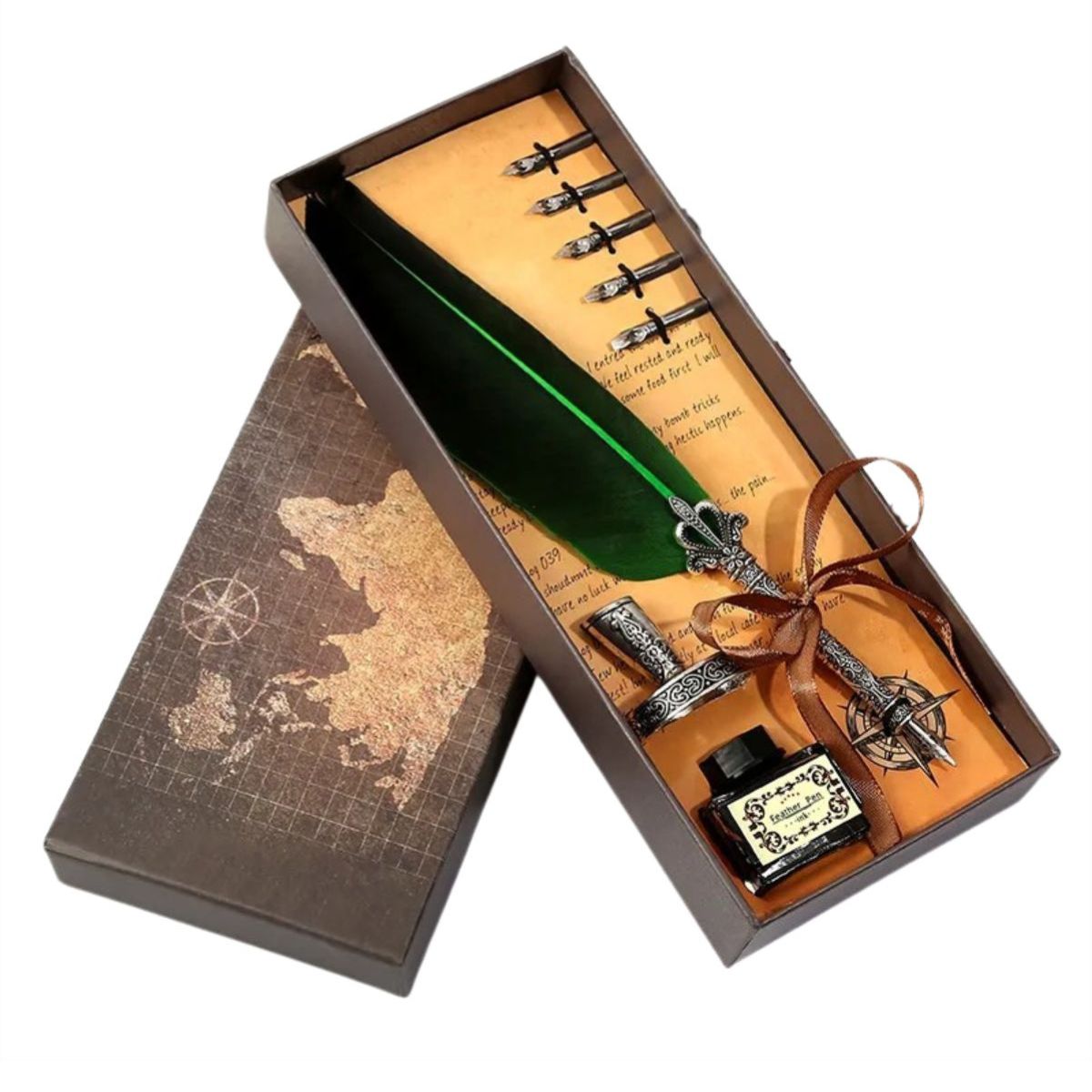 Kit Caneta Tinteiro Pena Verde Antiga Simples Kit Caneta Tinteiro Pena Verde Antiga Simples